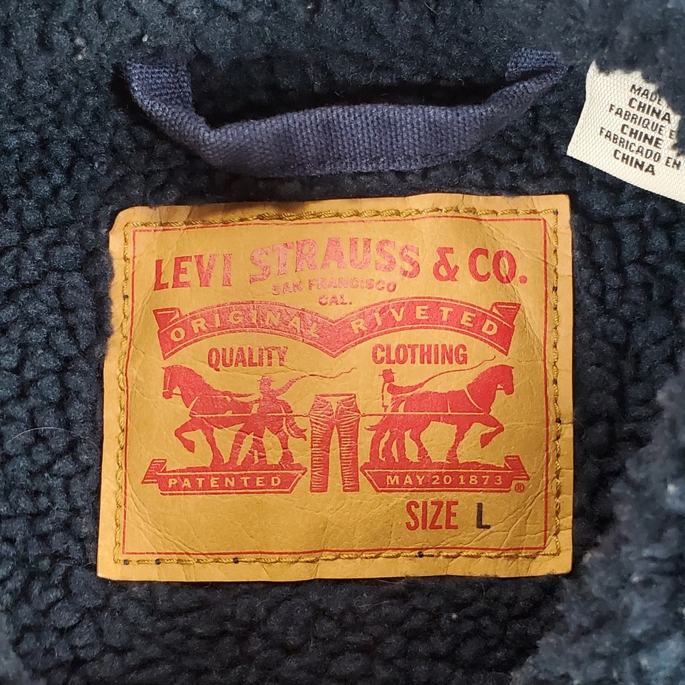 Levi's Trucker Jacket Mens Large Navy Blue Sherpa Lined Cotton Canvas Workwear - Picture 3 of 8